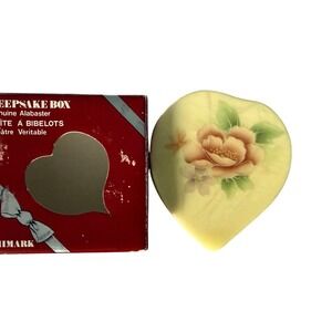 Vintage Keepsake Genuine Alabaster Hinged Trinket Box Floral Heart Shape in Box